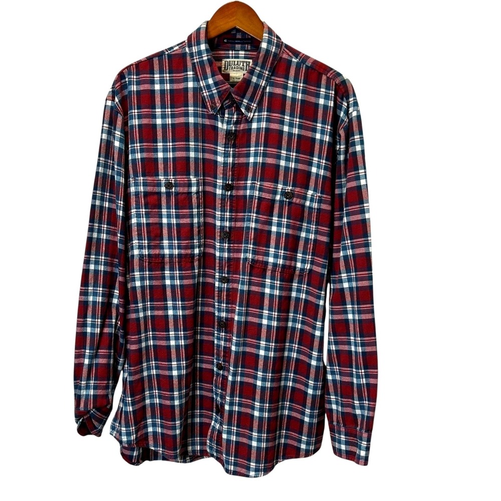 Duluth Trading Co Flannel Shirt Mens L Tall Red Blue‎ Plaid 100% Cotton Workwear